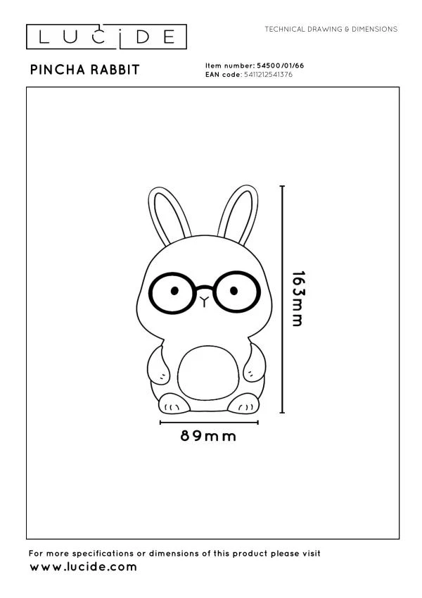 Lucide PINCHA RABBIT - Lampe de table Rechargeable Chambres d'enfant - Batterie/Piles - LED 3 StepDim - Rvb - Blanc | Essential - technique